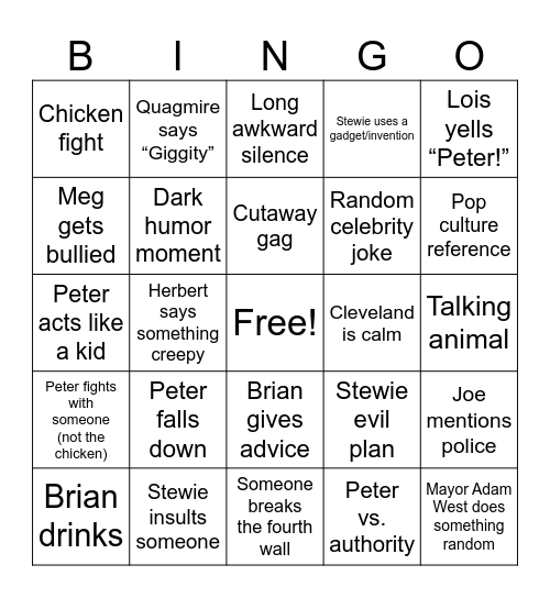family guy Bingo Card