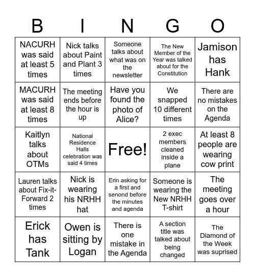 NRHH Bingo Card