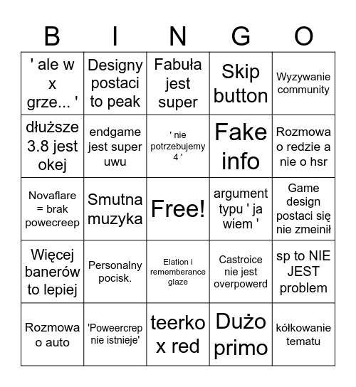 Glaze HSR Bingo Card