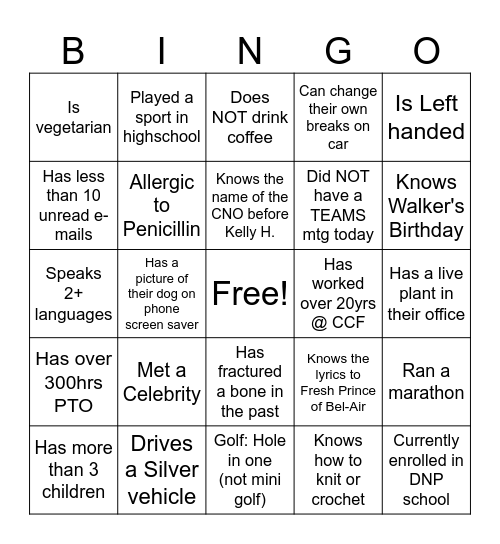 Care & Connect Bingo Card