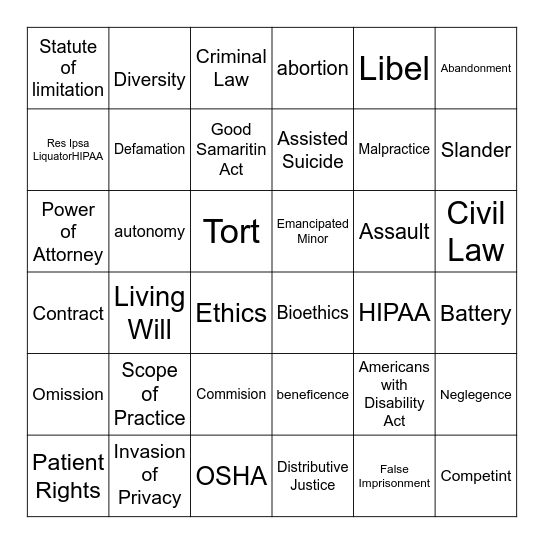 Medical Law and Ethics Bingo Card