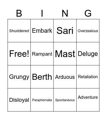 Adventure Vocabulary Bingo Card