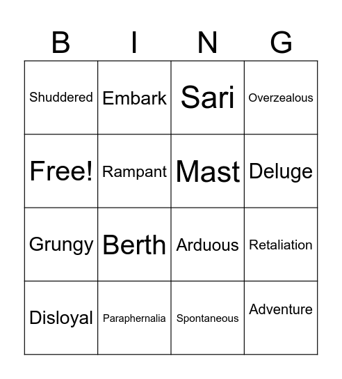 Adventure Vocabulary Bingo Card