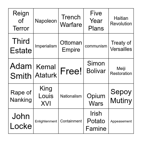 Global History Bingo Card