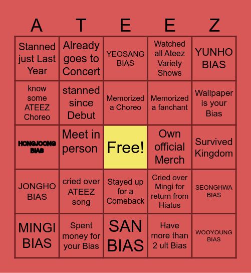 ATEEZ Bingo Card Bingo Card