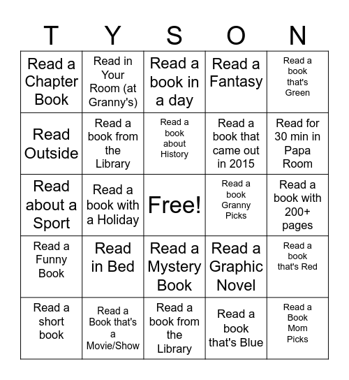 Summer Reading Challenge Bingo Card