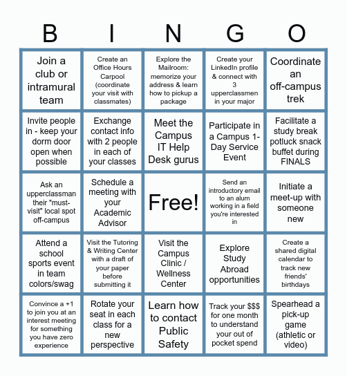 Freshman Adventure Bingo Card