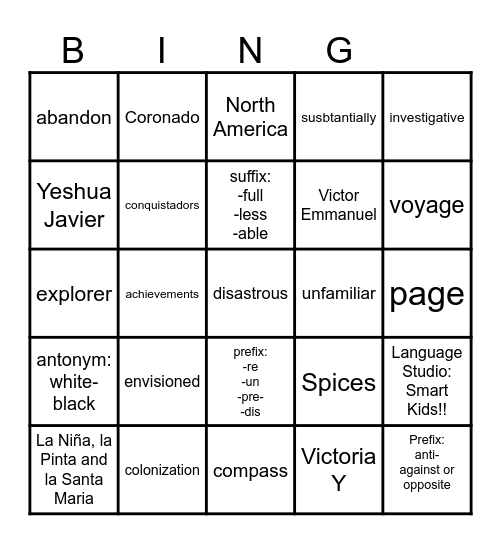 3rd Grade Vocab Unit 9 Bingo Card