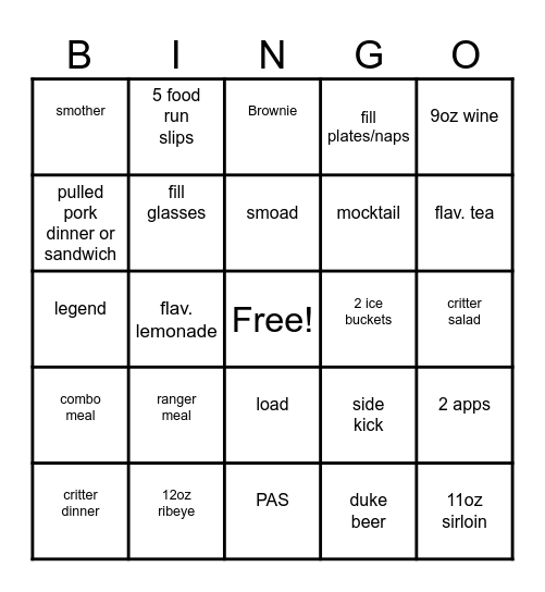 Tx roadhouse bingo Card