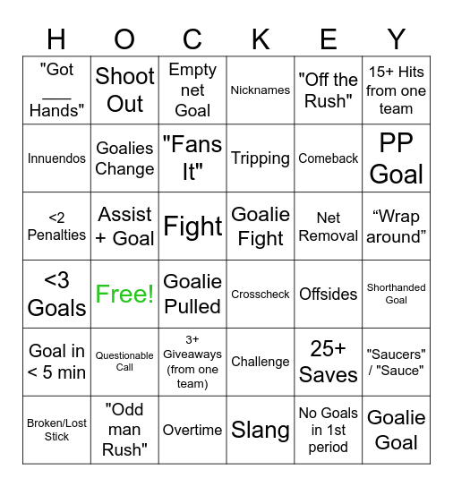 Hockey Bingo Card