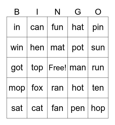 Spelling words Bingo Card