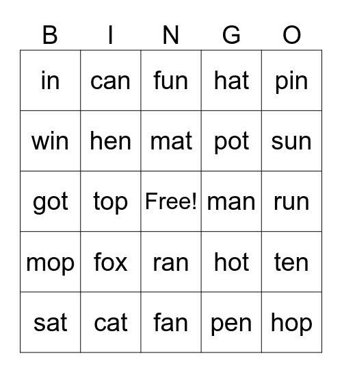 Spelling words Bingo Card