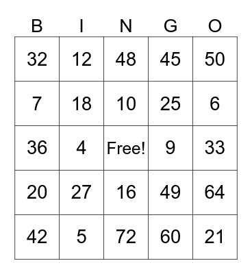 Multiplication Bingo Card
