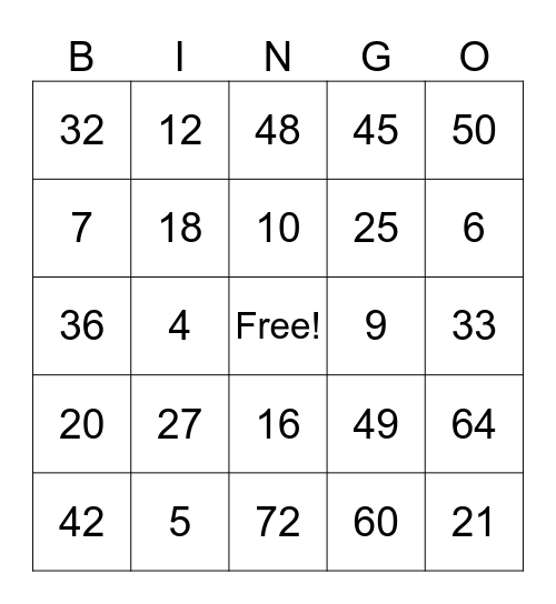 Multiplication Bingo Card