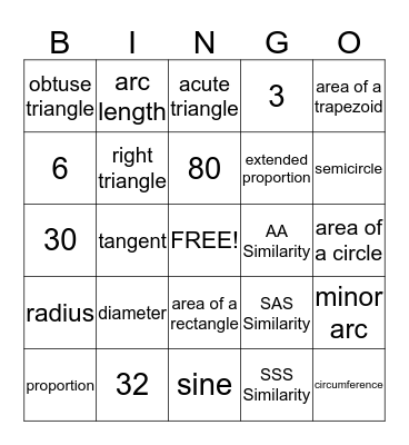 Geometry Exam Bingo Card