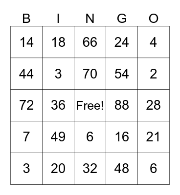 Multiplication Bingo Card