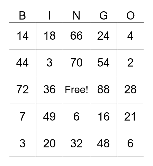 Multiplication Bingo Card