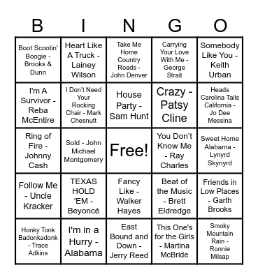 🤠🐎 Country Hits! 🐎🤠 Bingo Card