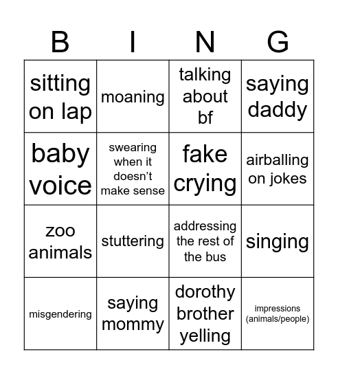 bus Bingo Card