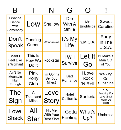 Karaoke Favorites Bingo Card