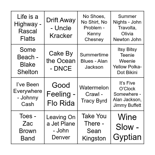 Vacation Bingo Card