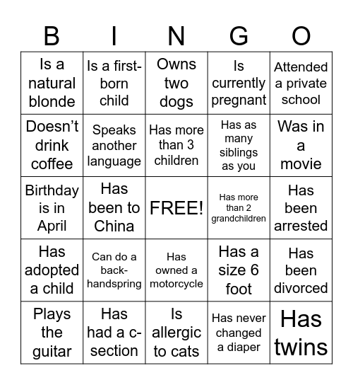 Baby Shower Ice Breaker - Find Someone Who... Bingo Card