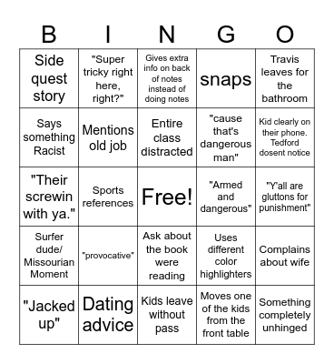 Tedford bingo Card