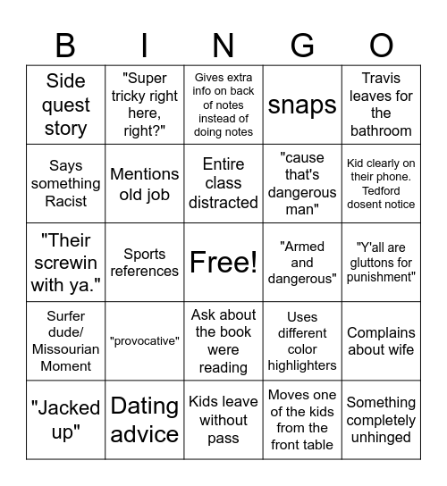 Tedford bingo Card