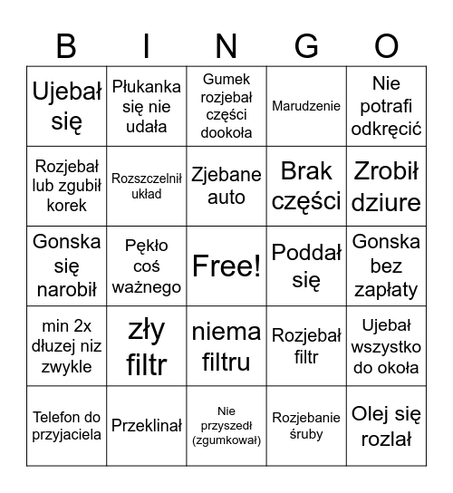 Gumek wymienia olej Bingo Card