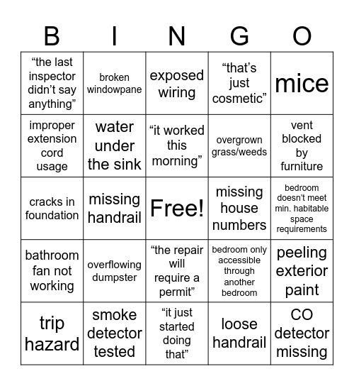 Code Compliance Bingo Card