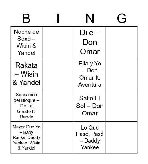 Bingo musical, Despedida Vero y Rodry Bingo Card
