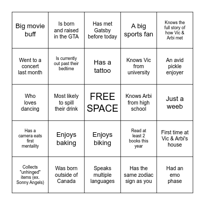 Vic and Arbi's Housewarming Mingle Bingo Card