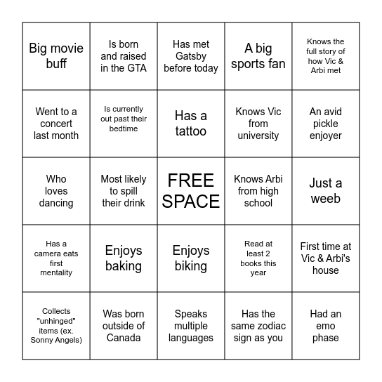 Vic and Arbi's Housewarming Mingle Bingo Card