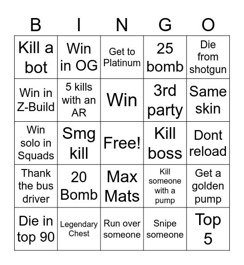 Fortnite Bingo Card