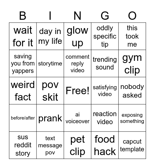 Youtube short bingo Card