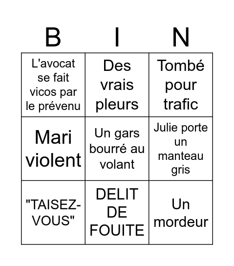 FACE AU JUGE Bingo Card