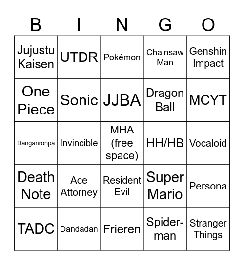 Cosplay Franchise Bingo Card