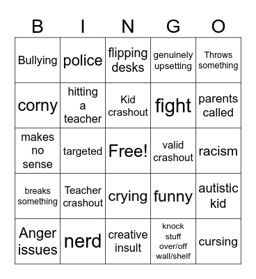 School Crashout Bingo Card