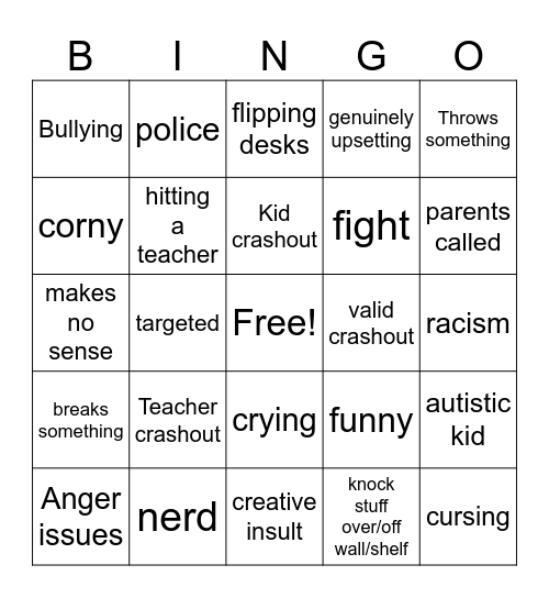 School Crashout Bingo Card