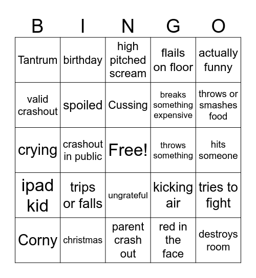 Kid Crashouts Bingo Card