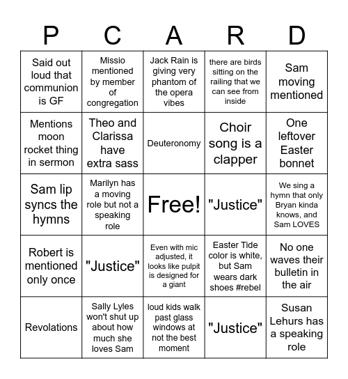 Sunday April 12, 2026 Bingo Card