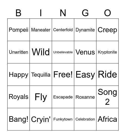 One Word Songs Bingo Card
