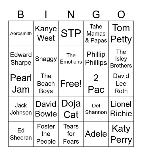 Same Name Different Artists Bingo Card