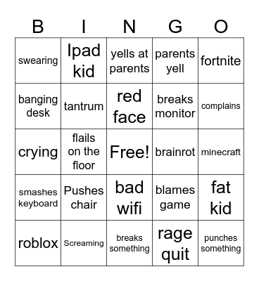 Video Game kid crashout Bingo Card