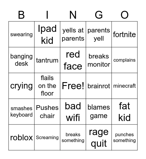 Video Game kid crashout Bingo Card