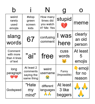 live Comments Bingo Card