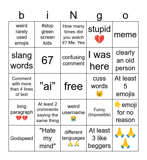 live Comments Bingo Card