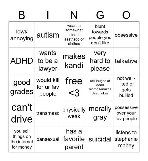 oliver kinnie bingo Card