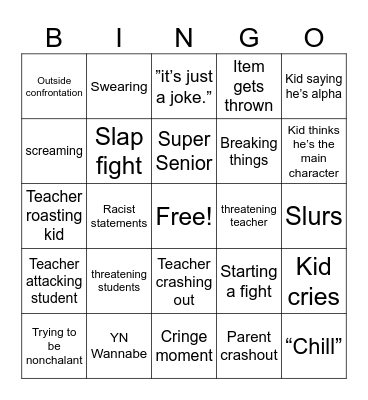 School Crashout Bingo Card