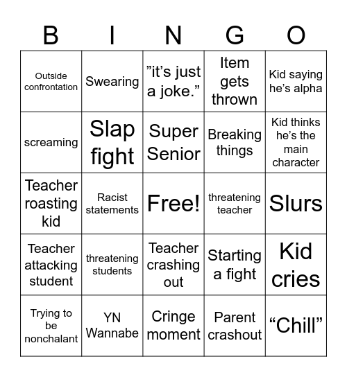 School Crashout Bingo Card